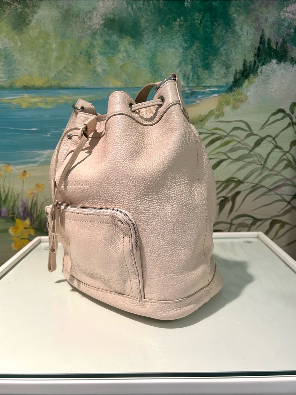 Longchamp Le Foulonne Pebbled Leather Drawstring Bucket Bag-Cream  1738-789-037 - Picture 5 of 17
